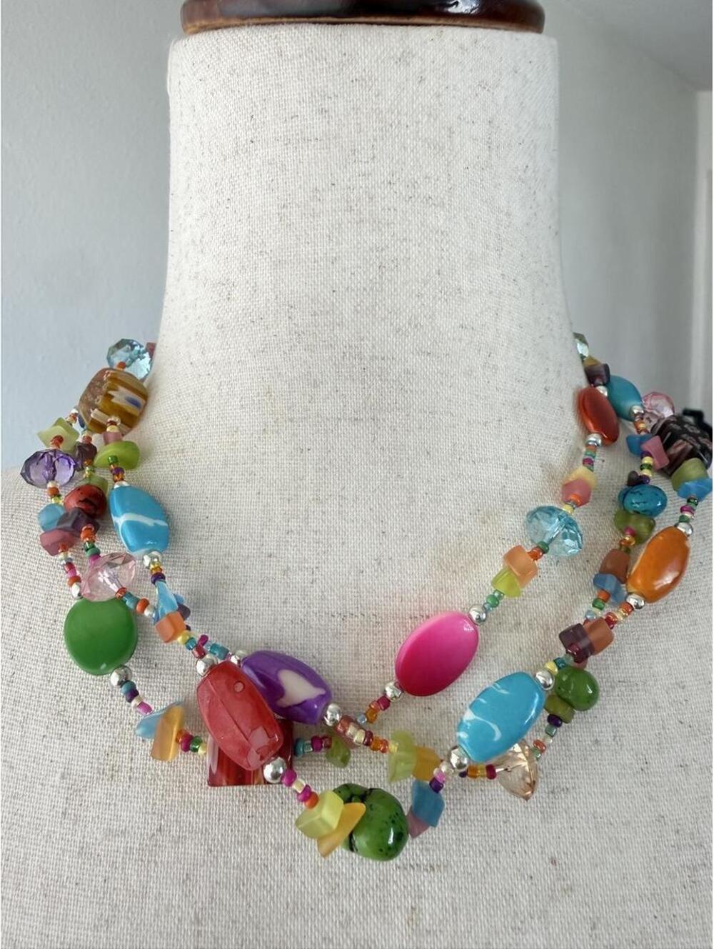 Colorful Three Strand Mixed Bead Statement Necklace